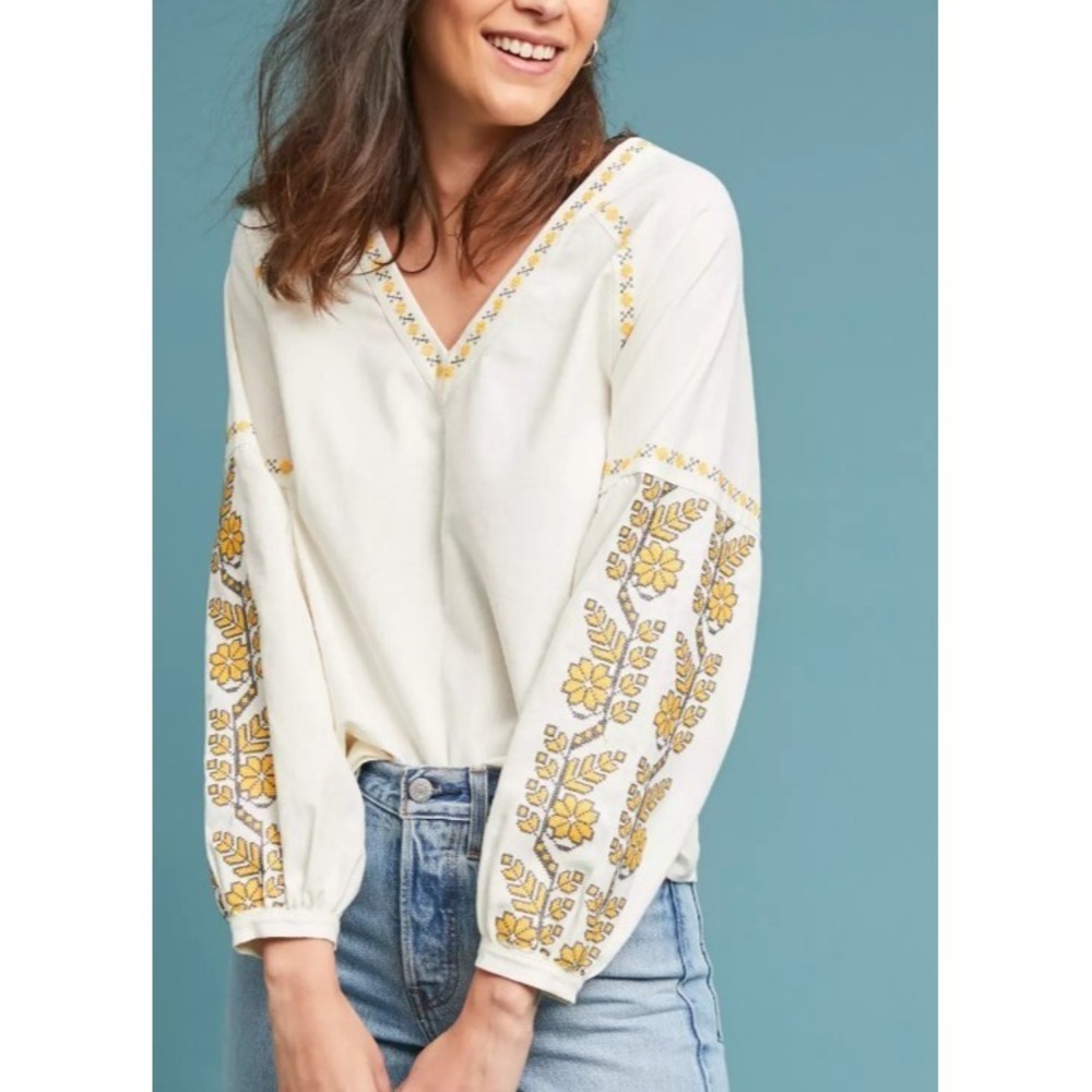 Anthro Linen Blend Embroidered Folk Peasant Top Yellow Floral Boho Blouse Size S